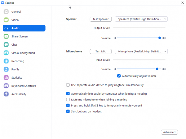 Zoom audio settings
