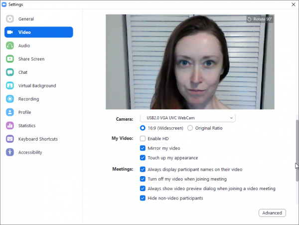 Zoom video settings